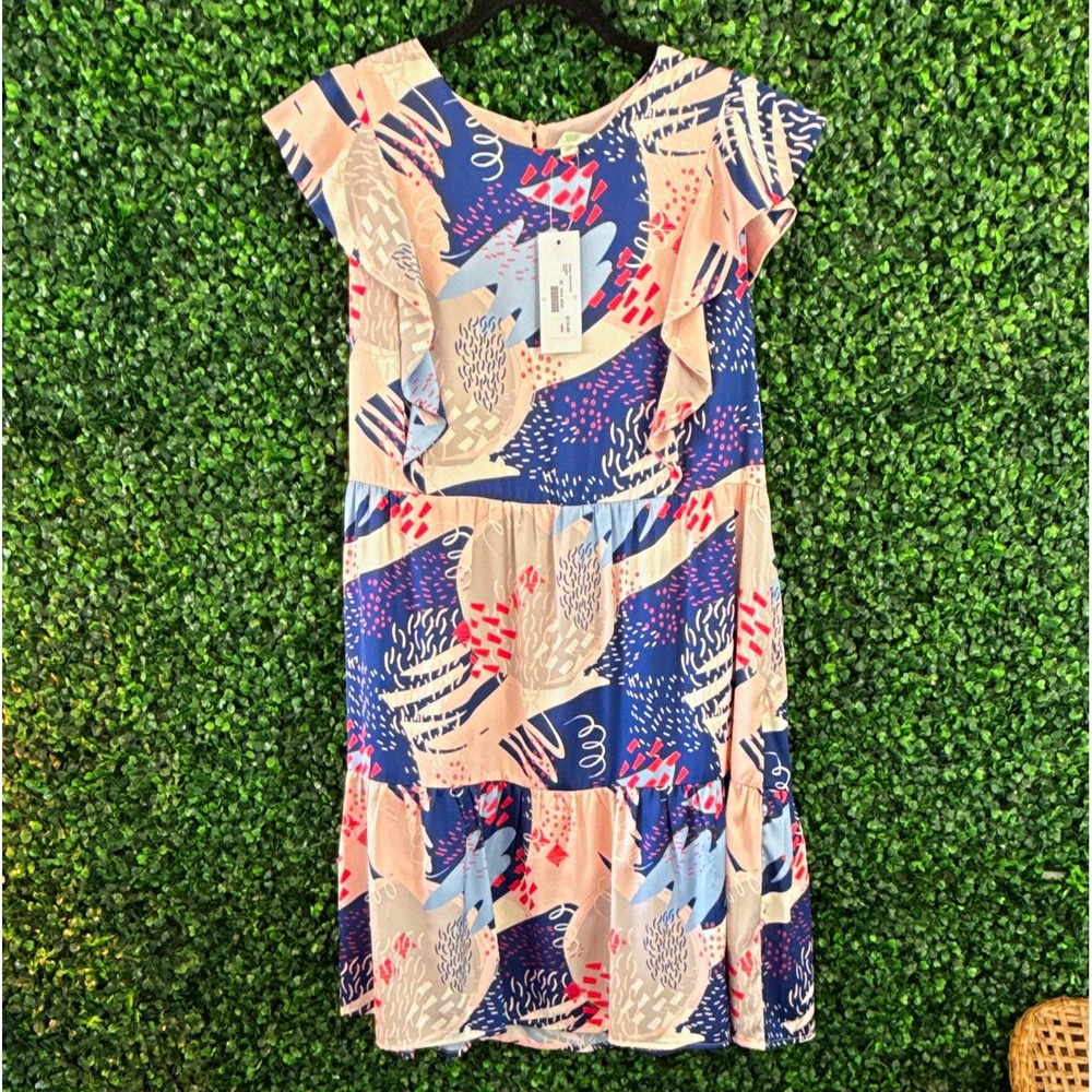 Jade Womens XL Abstract Multicolor Tiered Ruffle Flutter Sleeve Knee Dress